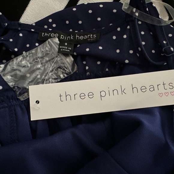 Three Pink Hearts Mini Dress Sz S Navy Blue w White Dots Spaghetti Straps - Picture 6 of 6